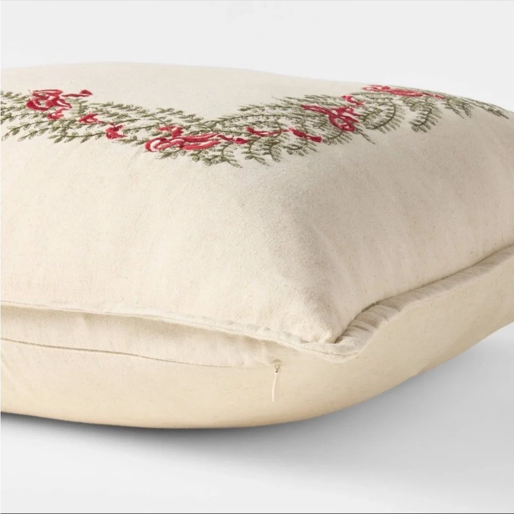 NWT Natural Embroidered Green and Bows Pillow - 24‎ x 24” STUDIO MCGEE